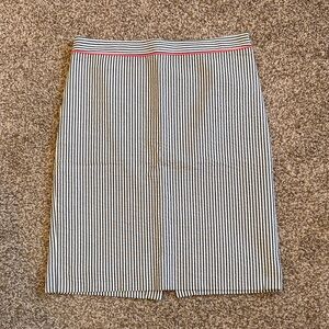 J crew navy and white seersucker Striped Pencil Skirt with neon pink trim